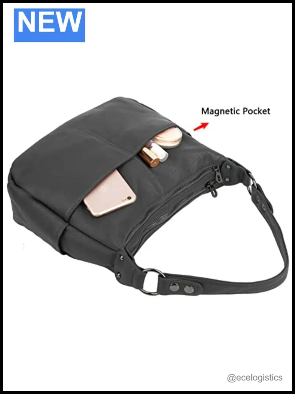 Genuine Leather Hobo Shoulder Bag with 2 Compartments & Pockets